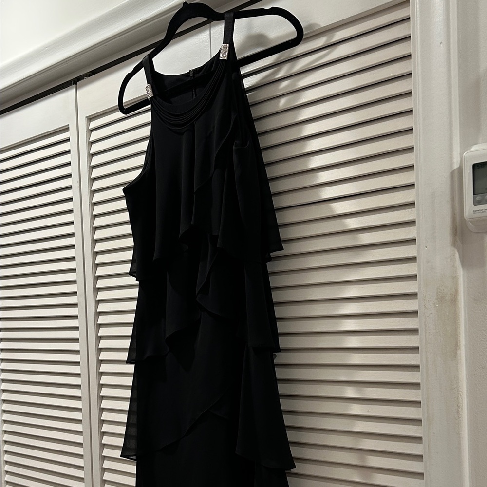 Black Halter Ruffle Evening Dress with diamond details b